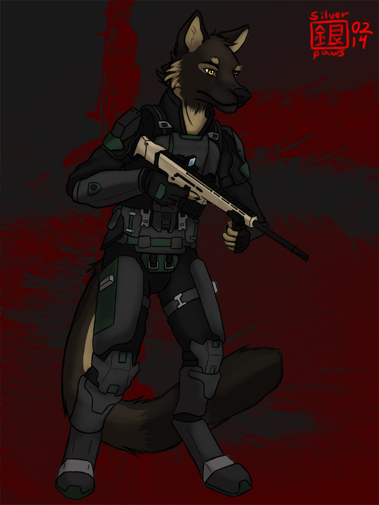 anthro armor gun male ranged_weapon rifle scar-h solo weapon chakat-silverpaws canid canine canis domestic_dog german_shepherd herding_dog mammal pastoral_dog 3:4