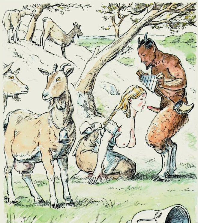 bell blonde_hair breasts collar erection eyes_closed female feral genitals group hair male meadow musical_instrument nipples open_mouth pan_flute penis plant teats tree udders what wind_instrument wood woodwind_instrument tom_sargent european_mythology greek_mythology mythology pan_(mythology) bovid caprine deity goat human mammal satyr