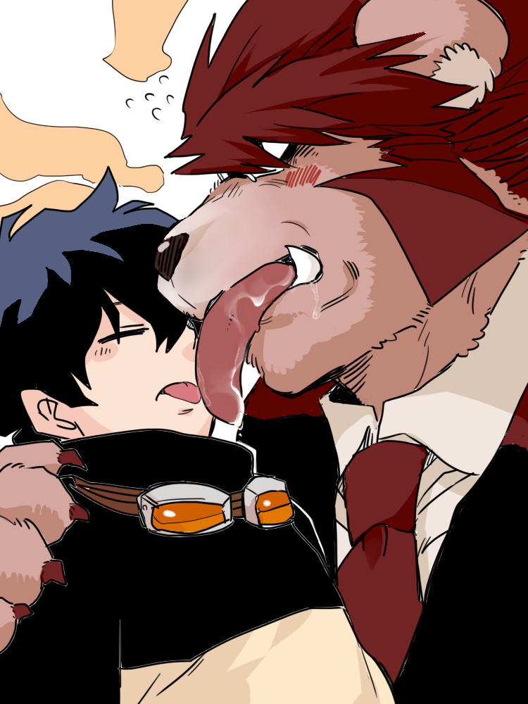 blush bodily_fluids clothed clothing duo eyewear fangs fur glasses goggles hair licking male male/male red_hair saliva tan_body tan_fur teeth tongue tongue_out 1655nyarou blood_blockade_battlefront klaus_von_reinherz leonardo_watch bear human mammal 3:4