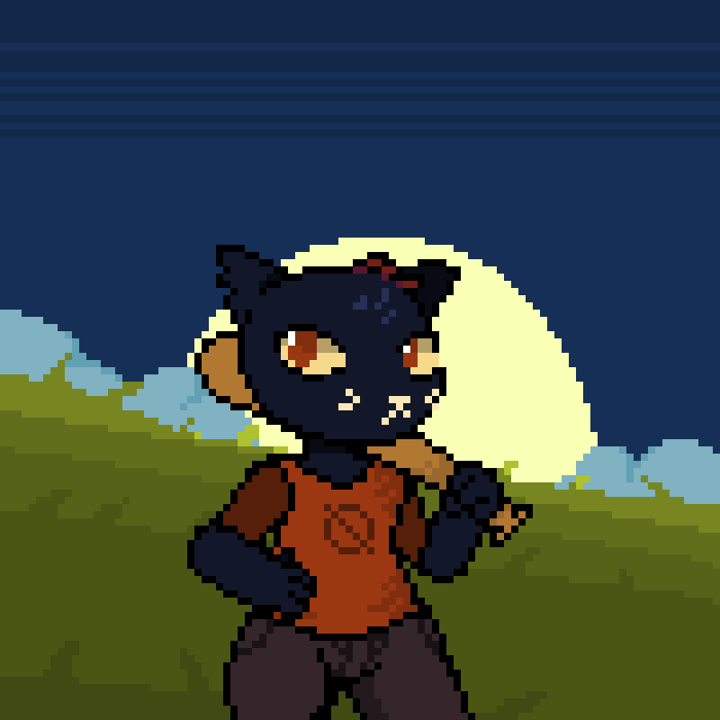 anthro baseball_bat bat_(object) biped black_body black_fur bottomwear clothed clothing female field fully_clothed fur hand_on_hip looking_at_viewer outside pants shirt solo standing thick_thighs topwear whiskers wide_hips imactuallygarbage night_in_the_woods mae_borowski domestic_cat felid feline felis mammal 1:1 digital_media_(artwork) pixel_(artwork)