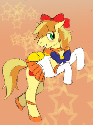 armwear blush bottomwear clothed clothing collar crossdressing cutie_mark elbow_gloves embarrassed femboy feral fur gloves green_eyes handwear male ribbons skirt solo tail yellow_body yellow_fur unknown_artist friendship_is_magic hasbro my_little_pony sailor_moon_(series) braeburn_(mlp) minako_aino sailor_venus earth_pony equid equine horse mammal pony low_res