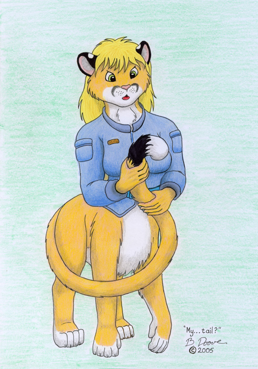 blonde_hair bottomless breasts clothed clothing dipstick_tail female fur green_eyes hair holding_own_tail holding_tail markings multicolored_tail pink_nose shirt solo tail tail_markings topwear yellow_body yellow_fur bernard_doove chakona_space goldendale chakat cougar felid felid_taur feline mammal mammal_taur taur 2005 herm_(lore)