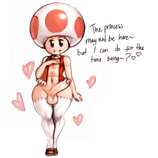 balls clothing erection femboy foreskin genitals heart_symbol humanoid_genitalia humanoid_penis legwear male not_furry open_mouth partially_retracted_foreskin penis smile solo stockings text topwear vest wide_hips modeseven mario_bros nintendo humanoid red_toad toad_(mario) english_text low_res