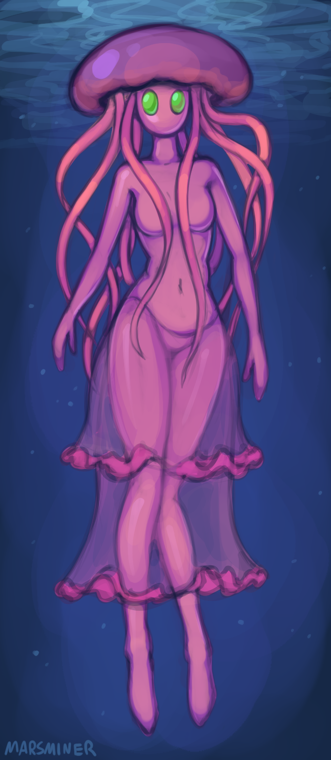 anthro breasts featureless_breasts female green_eyes mouthless navel non-mammal_breasts non-mammal_navel noseless not_furry pink_body sea solo tentacles underwater water marsminer cnidarian jellyfish marine medusozoan hi_res