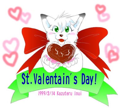 anthro blush bow_ribbon candy cheek_tuft chocolate chocolate_heart claws dessert eyelashes facial_tuft female food fur fur_markings green_eyes grey_body grey_fur hair heart_symbol holding_object holidays looking_at_viewer markings neck_tuft open_mouth pawpads paws pink_pawpads simple_background smile solo text tongue tuft white_background white_body white_fur kazuteru_inui valentine's_day canid canine canis mammal wolf 1999 digital_media_(artwork) low_res watermark