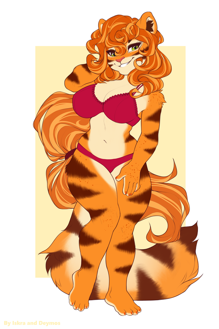 anthro barefoot biped bra breasts clothed clothing countershading feet female fur green_eyes hair looking_at_viewer navel orange_body orange_fur orange_hair panties red_bra red_clothing red_panties red_underwear simple_background solo standing tan_body tan_countershading tan_fur underwear underwear_only deymos iskra felid mammal pantherine tiger 2:3 artist_collaboration digital_media_(artwork) full-length_portrait portrait