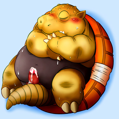 anthro blush bodily_fluids cum eyes_closed genital_fluids genitals kemono male overweight overweight_anthro overweight_male penis sitting solo unknown_artist tengen_toppa_gurren_lagann guame_(gurren_lagann) armadillo mammal xenarthran 1:1 2007 low_res