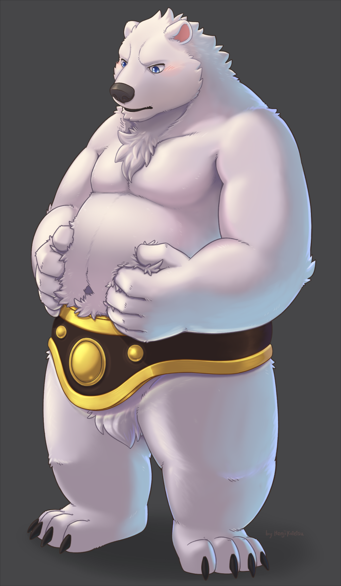 4_toes 5_fingers anthro belly black_nose blue_eyes claws deep_navel feet fingers fur humanoid_hands male moobs navel overweight overweight_anthro overweight_male plantigrade simple_background solo standing toe_claws toes white_body white_fur henjikotetsu bear mammal polar_bear ursine 2018 hi_res