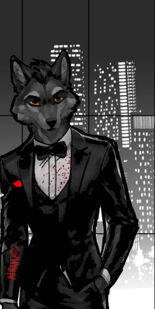 anthro bodyguard male solo text mrxwolf ludwig_montana canid canine canis mammal wolf artist_name character_name digital_drawing_(artwork) digital_media_(artwork)