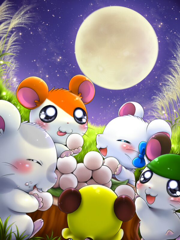 bedding blanket blush brown_body brown_fur clothing eating eyes_closed feral food full_moon fur group hat headgear headwear leaf moon night nude orange_body orange_fur outside ribbons sky tongue tongue_out tree_stump whiskers white_body white_fur aimia492 hamtaro_(series) bijou_(hamtaro) cappy_(hamtaro) hamtaro oxnard_(hamtaro) penelope_(hamtaro) cricetid hamster mammal rodent 3:4