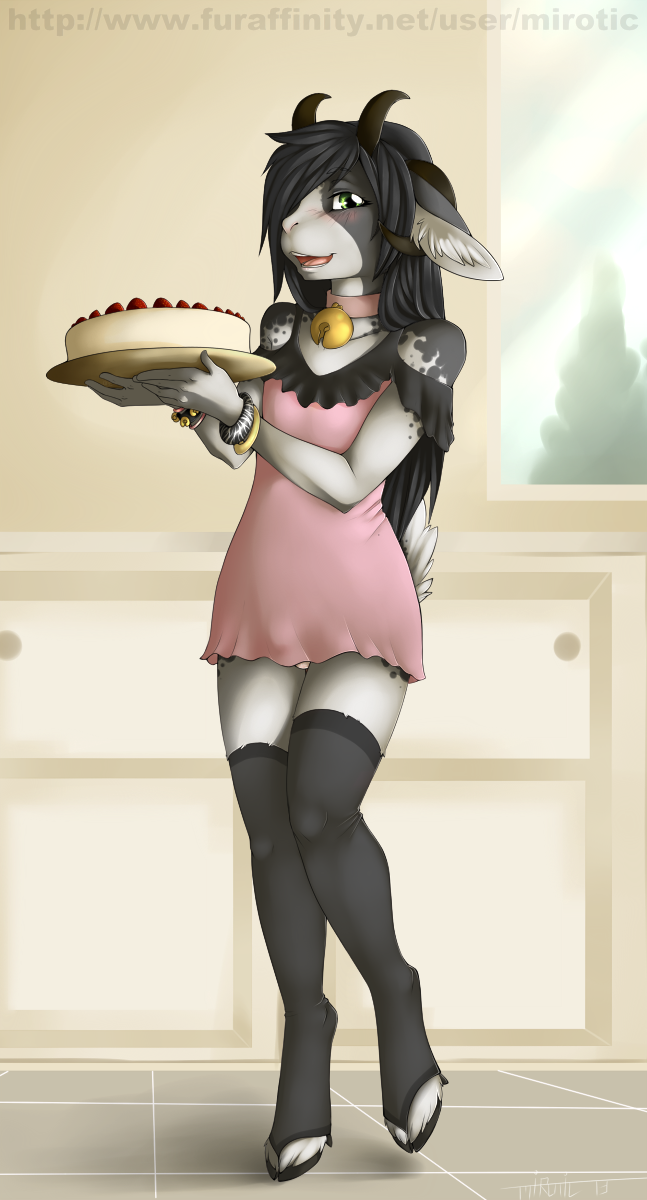 4_horns anthro bell cake clothed clothing collar dessert dress female flat_chested food hooves horn legwear multi_horn open_mouth panties solo stockings teeth tongue underwear mirotic bovid caprine domestic_sheep jacob_sheep mammal sheep hi_res