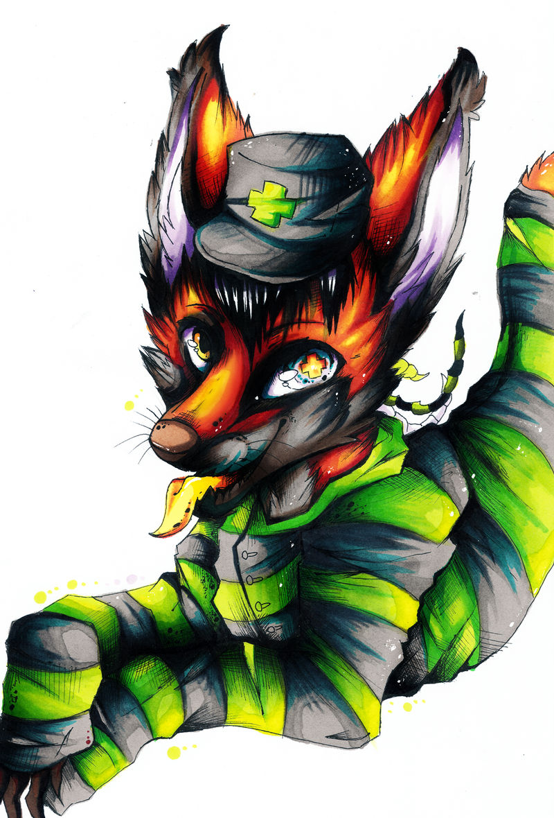 anthro black_hair claws clothed clothing ear_tuft hair hat headgear headwear male open_mouth pseudo_hair simple_background solo stripes teeth tentacle_hair tentacles tongue tuft jolokas lapfox_trax negaren canid canine fox mammal