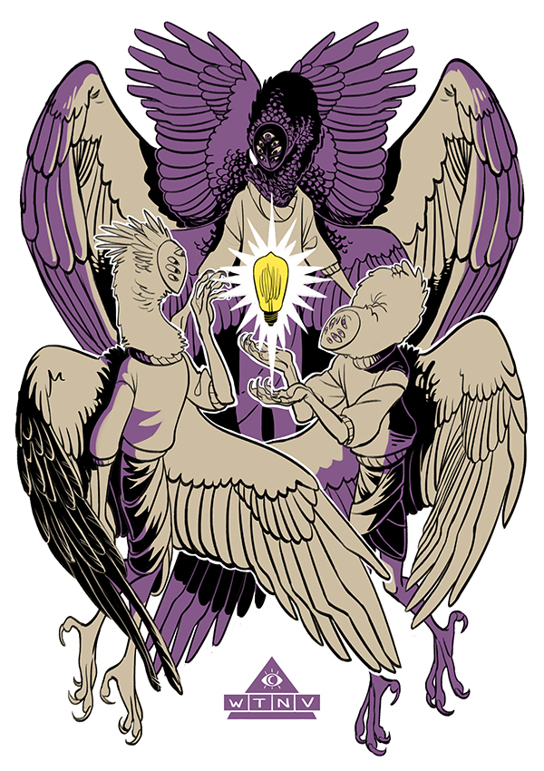 ambiguous_gender anthro avian_feet bottomwear claws clothed clothing feathered_wings feathers group multi_eye shirt skirt toe_claws topwear trio wings heartbroken-girl welcome_to_night_vale erika_(wtnv) angel avian biblically_accurate_angel bird seraph_(angel)