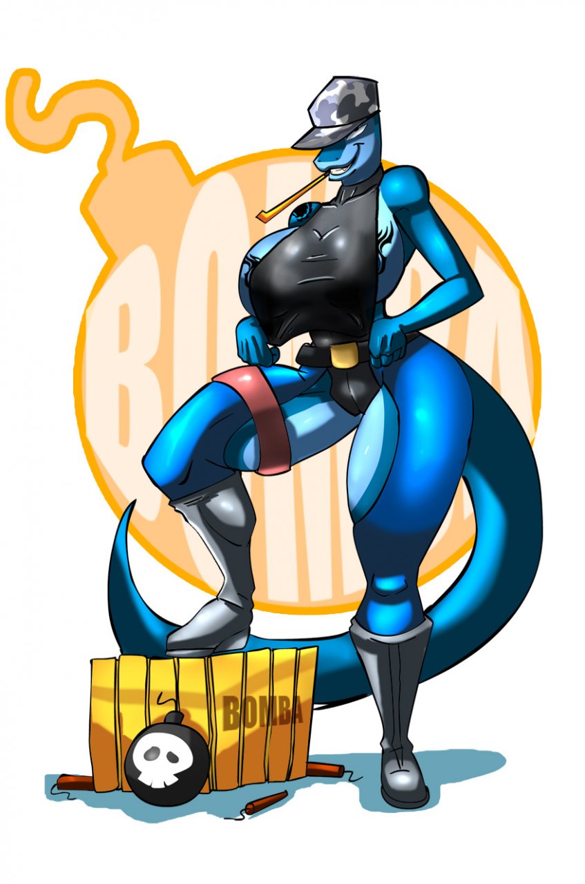 anthro big_breasts blue_body bomb breasts explosives female huge_breasts non-mammal_breasts on_explosive simple_background solo tail tattoo white_background jaeh bomba_(krillos) komodo_dragon lizard monitor_lizard reptile scalie 2009 digital_media_(artwork) hi_res