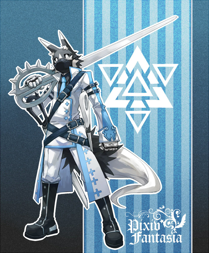 anthro armor male mask melee_weapon solo sword tail weapon rpbbw pixiv_fantasia canid canine canis mammal wolf