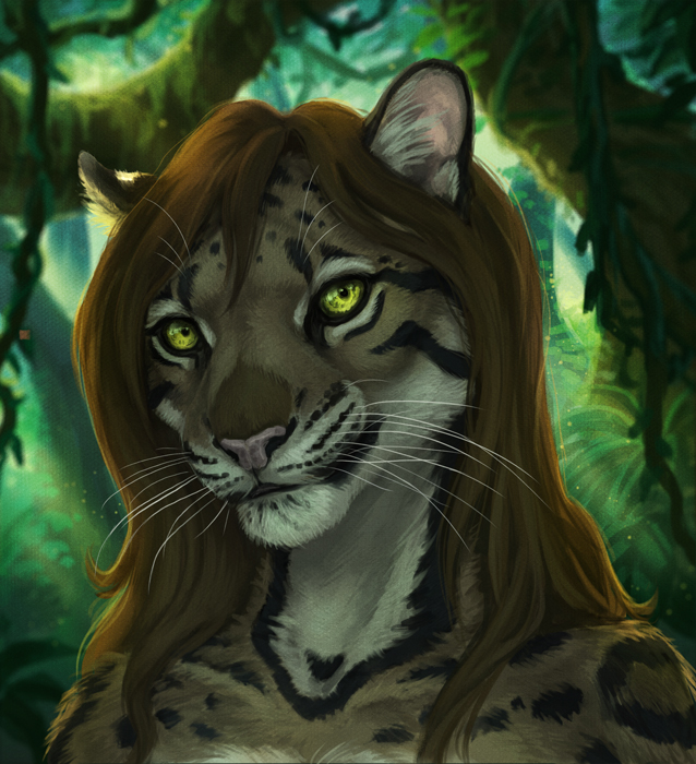 anthro brown_hair day detailed_background female green_eyes hair looking_at_viewer outside smile solo whiskers deyvarah clouded_leopard felid mammal pantherine 2022 digital_media_(artwork)