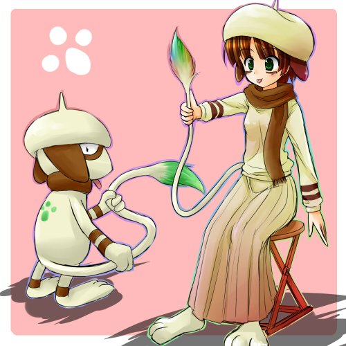 alternate_species anthro brown_eyes clothing costume duo female green_eyes hair humanoidized pokemon_costume pokemorph tail tail_tuft tuft ranphafranboise nintendo pokemon animal_humanoid canid canine generation_2_pokemon humanoid mammal pokemon_(species) pokemon_humanoid smeargle 1:1 low_res