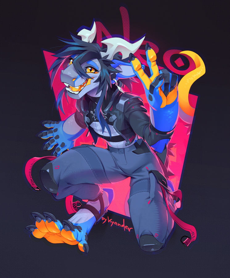 5_fingers 5_toes anthro claws feet female female_anthro fingers horn open_mouth orange_eyes smile solo teeth toes tongue kyander mythology dragon mythological_creature mythological_scalie scalie wingless_dragon 2023 colorful_theme digital_media_(artwork)