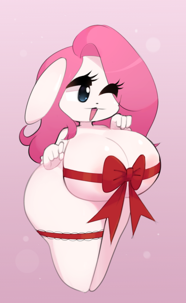 4_fingers accessory anthro big_breasts bow_in_front breasts chest_bow clothing ears_down female fingers hair huge_breasts legwear one_eye_closed pink_hair pivoted_ears ribbons simple_background solo white_body mu_(artist) lagomorph leporid mammal rabbit