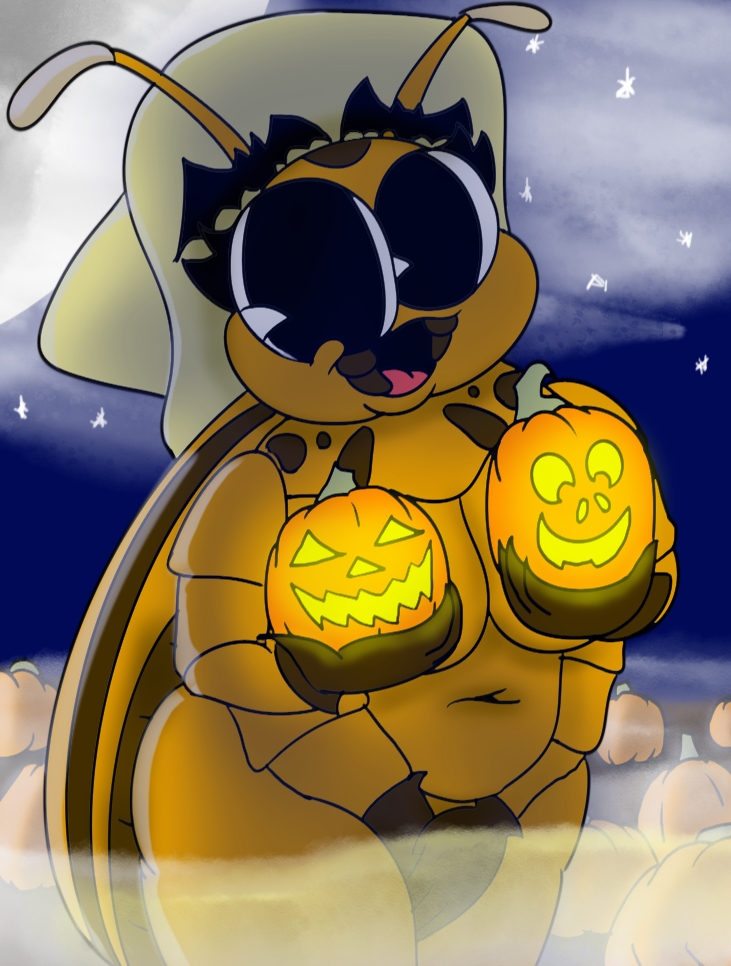 4_arms antennae_(anatomy) anthro belly big_butt big_eyes breasts butt cleavage clothed clothing covering covering_breasts covering_crotch covering_self farmer female fog food fruit gloves handwear hat headgear headwear holidays jack-o'-lantern light moon moonlight multi_arm multi_limb navel plant pumpkin pumpkin_patch sky slightly_chubby solo thick_thighs crazy_8_animations halloween bella_tater arthropod bat beetle insect mammal shaded simple_shading