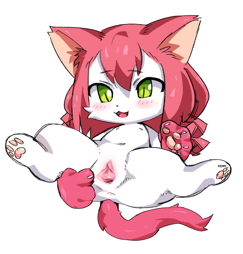 female feral flat_chested genitals green_eyes hair lying nude on_back pawpads paws pink_hair pussy semi-anthro solo spread_legs spread_pussy spreading young young_female young_feral kirichiiii cat_busters neko_hakase domestic_cat felid feline felis mammal