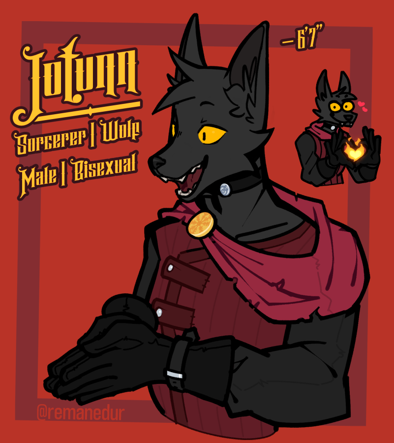 anthro armor choker clothing elemental_manipulation fire fire_manipulation gambeson gloves handwear happy hood hood_down information jewelry magic magic_user male necklace solo text conditional_dnp remanedur valheim cultist_(valheim) fenring fenring_(valheim) jotunn_(remanedur) canid canine canis mammal wolf