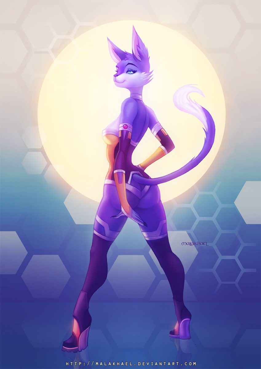 5_fingers anthro bare_shoulders biped black_nose blue_body blue_eyes blue_fur breasts clothed clothing eyelashes female fingers fur smile solo standing white_body white_fur wide_hips malakhael syria_(tid) domestic_cat felid feline felis mammal hi_res