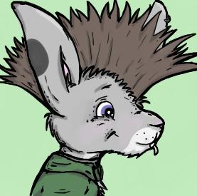 anthro blue_eyes brown_body brown_fur clothed clothing fur green_background green_clothing green_topwear grey_body grey_ears grey_fur long_ears male mohawk mouth_closed side_view simple_background solo teeth topwear white_body white_fur bucklebunny lagomorph leporid mammal rabbit low_res