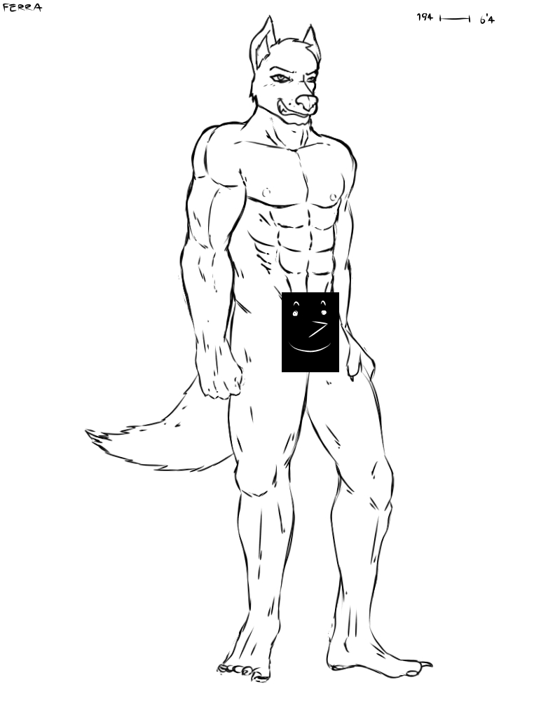 :^) after_transformation anthro grin latex latex_body looking_away male muscular simple_background smile solo white_background feralium canid canine canis mammal wolf censored monochrome sketch