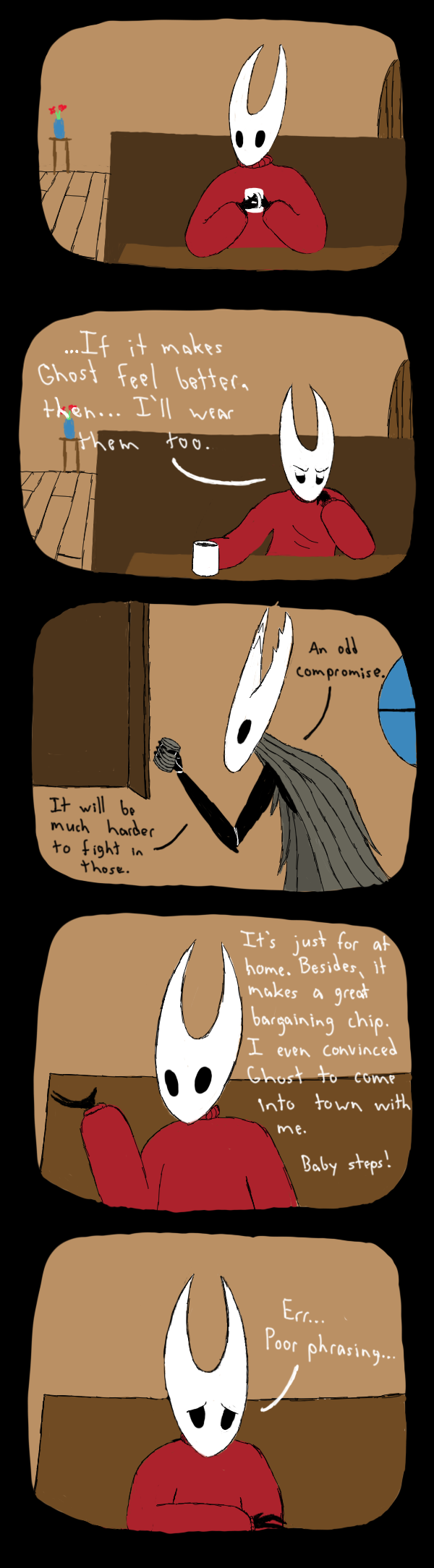 ambiguous_gender anthro beverage black_body clothed clothing coffee coffee_mug dialogue duo female simple_background text soiledvessels hollow_knight team_cherry hollow_knight_(character) hornet_(hollow_knight) arthropod insect vessel_(species) comic digital_media_(artwork) english_text hi_res