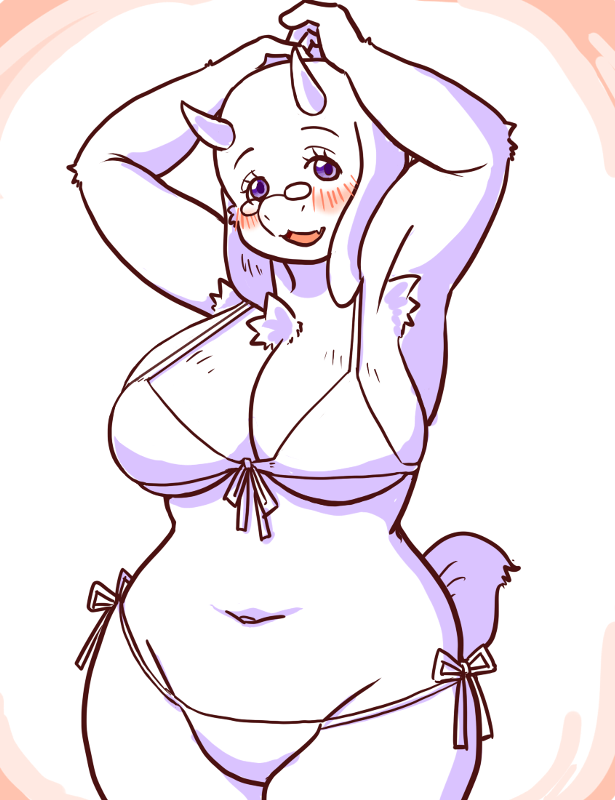 anthro big_breasts blush breasts chest_tuft curvy_figure eyewear female kemono looking_at_viewer navel purple_eyes solo thick_thighs tuft voluptuous wide_hipped_female wide_hips kin-shun undertale undertale_(series) toriel boss_monster_(undertale) bovid caprine mammal 2019