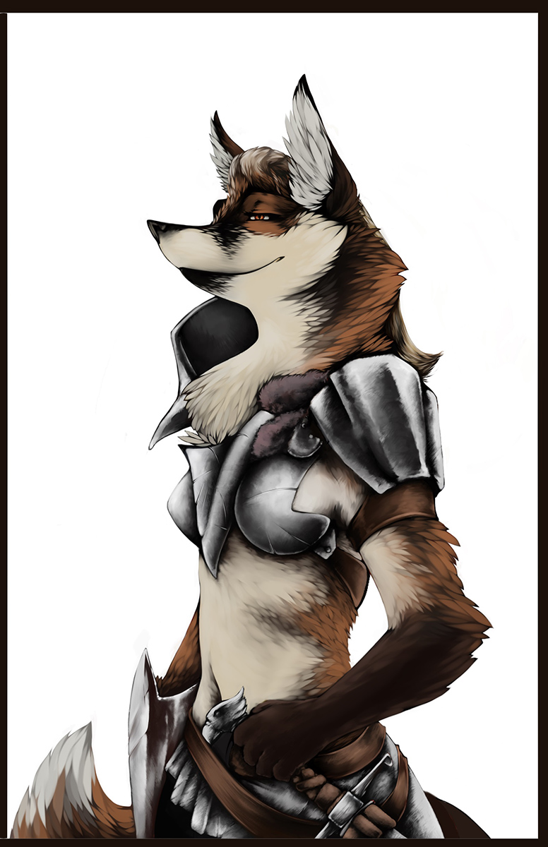 5_fingers anthro armor biped black_body black_border black_fur black_nose border breasts brown_body brown_fur clothed clothing female fingers fur half-closed_eyes holding_object holding_weapon melee_weapon narrowed_eyes neck_tuft orange_eyes pauldron pose side_view simple_background small_breasts smile solo standing sword three-quarter_view tuft warrior weapon white_background white_body white_fur sterr canid canine fox mammal 2016 digital_drawing_(artwork) digital_media_(artwork) hi_res