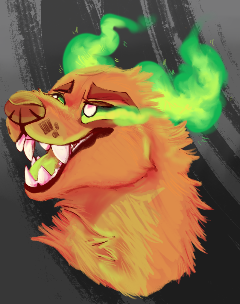 ambiguous_form ambiguous_gender brown_eyebrows brown_nose colored_fire eyebrows fire flaming_horn fur green_fire green_sclera green_smoke green_tongue grey_background open_mouth orange_body orange_fur simple_background smoke smoke_from_eyes snout solo teeth tongue jaspering mythology canid canid_demon canine demon hellhound mammal mythological_canine mythological_creature 2020 digital_media_(artwork) digital_painting_(artwork) headshot_portrait portrait shaded