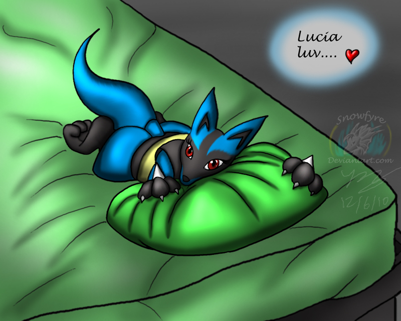 3_toes anthro bed biped black_body black_fur black_nose blue_body blue_fur claws eyelashes feet female fur furniture heart_symbol looking_at_viewer lying pillow red_eyes solo spikes tail text toes snowfyre nintendo pokemon canid canine generation_4_pokemon lucario mammal pokemon_(species) 2010 english_text