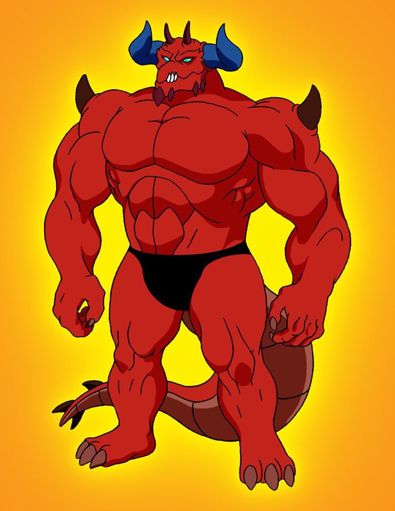 3_toes 4_fingers abs anthro athletic biceps big_muscles blue_eyes claws clothed clothing feet fingers horn male muscular muscular_anthro muscular_male pecs red_body simple_background solo speedo standing swimwear teeth toe_claws toes topless underwear unknown_artist chaotic chaor demon reptile scalie underworlder_(species)