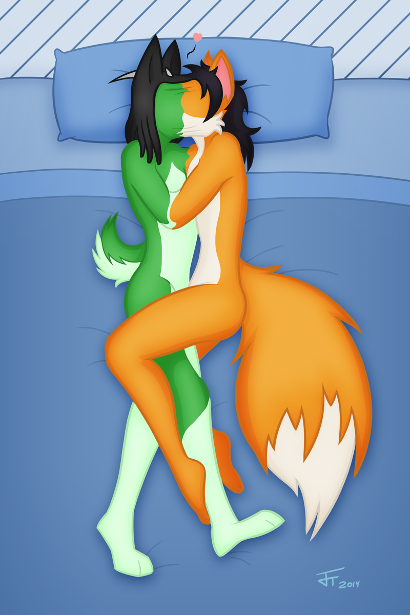 anthro bed conjoined dipstick_tail duo furniture fused_arms heart_symbol lying male markings merging nude pillow plantigrade tail tail_markings jasentamiia renee_(jasen_tamiia) canid canine fox lagomorph leporid mammal rabbit 2:3 hi_res