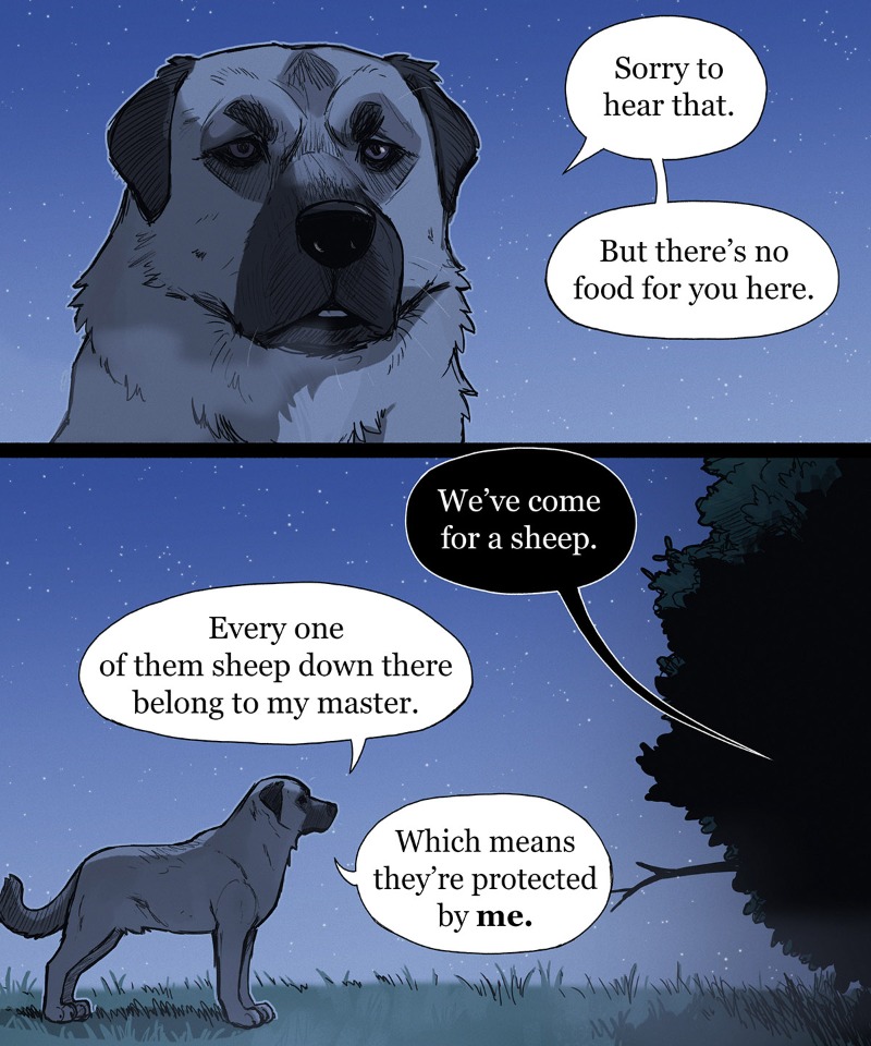 dialogue forest grass looking_at_viewer night outside plant sky solo star text tree pet_foolery canid canine canis domestic_dog mammal 5:6 comic english_text