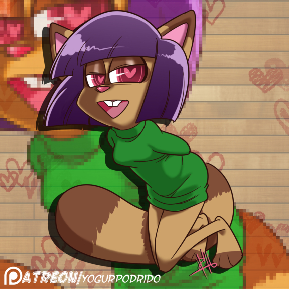 anthro breasts brown_body brown_fur clothed clothing female fluffy fluffy_tail fur hair heart_eyes heart_symbol open_mouth patreon_logo patreon_username purple_hair red_eyes solo tail text yogurpodrido patreon mammal procyonid raccoon 1:1 english_text