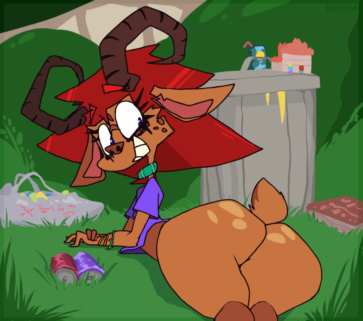anthro bag bands beverage_can big_butt book bottomless bouncing_butt brown_body butt clothed clothing collar curled_horn detailed_background dialogue female flat_chested forest grass hair horn huge_butt lying on_front plant red_hair shaking_butt smile solo speech_bubble text trash_can tree roksim faun 2d_animation animated english_text frame_by_frame short_playtime story story_in_description