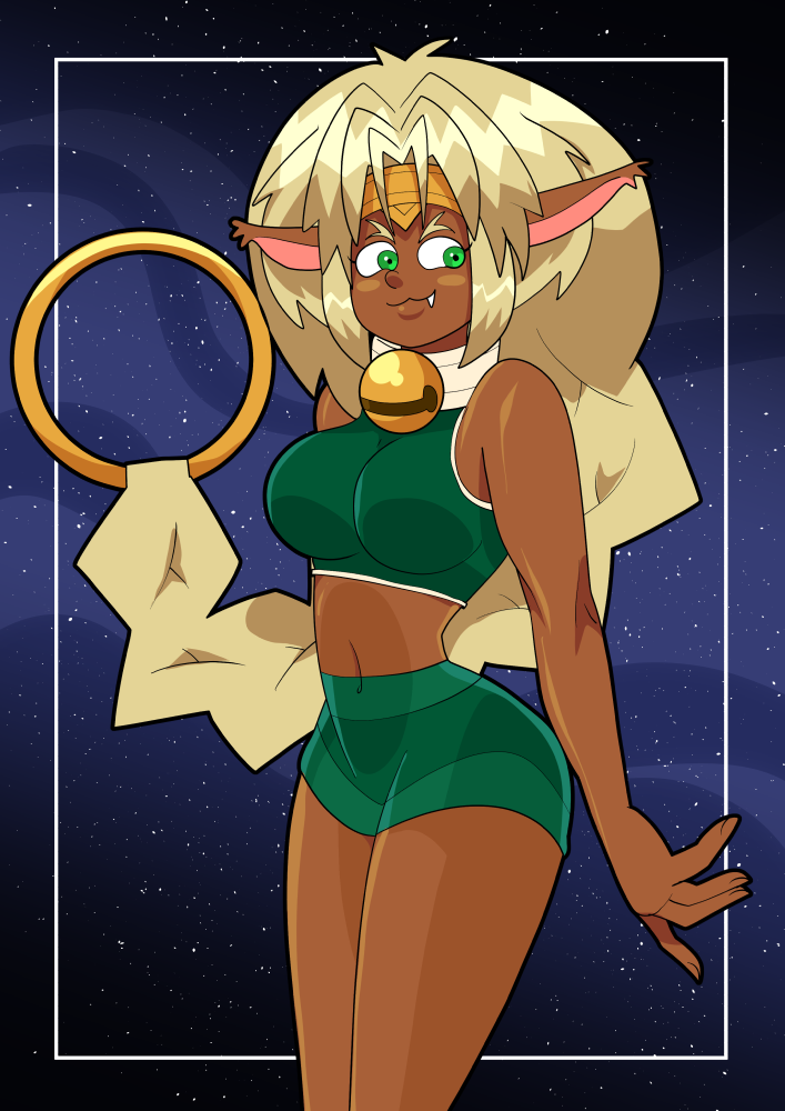 accessory bell big_breasts bottomwear bra breasts clothing collar female headband hotpants midriff shorts solo sports_bra star tailless underwear atomictiki outlaw_star aisha_clanclan animal_humanoid ctarl-ctarl felid felid_humanoid humanoid mammal mammal_humanoid