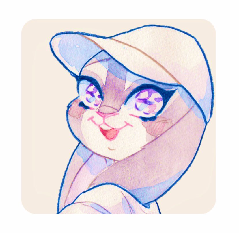 anthro border buckteeth clothing fur grey_body grey_fur hat headgear headwear open_mouth open_smile smile solo teeth white_border strawberry628_(artist) disney zootopia judy_hopps lagomorph leporid mammal rabbit 2020 painting_(artwork) traditional_media_(artwork) watercolor_(artwork)