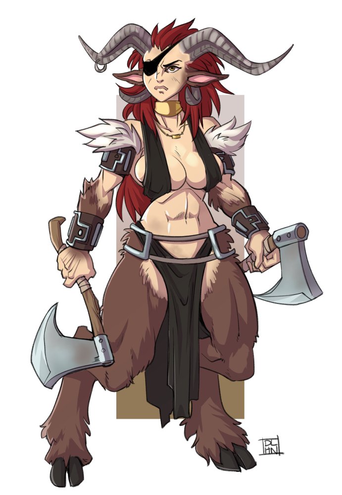 axe barbarian big_breasts bottomwear breasts brown_eyes cleavage clothed clothing cloven_hooves dual_wielding eye_patch eyewear female hair holding_object holding_weapon hooves horn jewelry loincloth melee_weapon midriff muscular muscular_female muscular_humanoid necklace red_hair solo unguligrade weapon dalehan bovid caprine humanoid mammal satyr