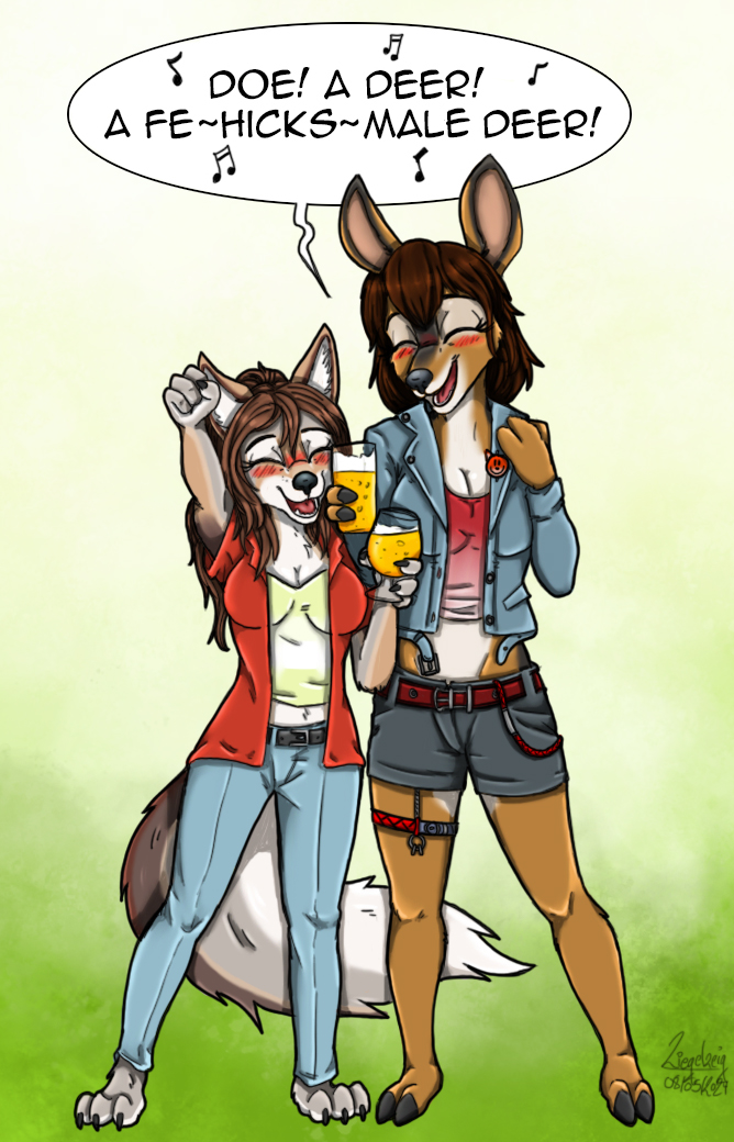 alcohol anthro beer beverage black_body black_fur blush brown_body brown_fur brown_hair drunk duo female fur grey_body grey_fur hair hooves singing substance_intoxication white_body white_fur ziegelzeig clementine_riversong_(readerno31142) emilia_(readerno31142) canid canine canis coyote deer mammal