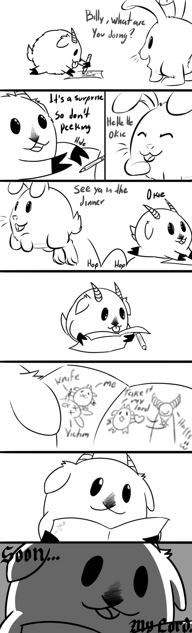 creepy dialogue fluffy heart_symbol horn long_ears pencil_(object) sacrifice smile text jonsthaman satan angel bovid caprine demon fallen_angel goat lagomorph leporid mammal rabbit lucifer_(disambiguation) comic english_text hi_res monochrome