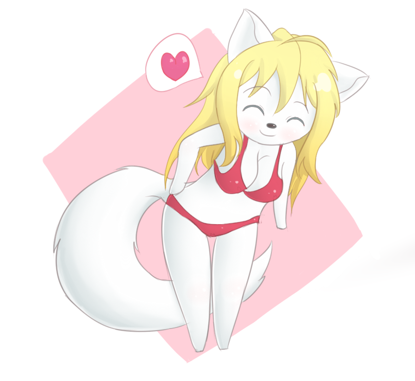 anthro biped black_eyebrows blonde_hair bottomwear bra breasts chibi cleavage clothed clothing eyebrows eyes_closed female fluffy fluffy_tail footless fur hair handless heart_symbol long_hair long_tail panties pink_background red_bottomwear red_bra red_clothing red_topwear red_underwear simple_background smile solo standing tail topwear underwear white_background white_body white_fur white_tail dragonz13 jessica_elwood_(character) canid canine felid fox mammal