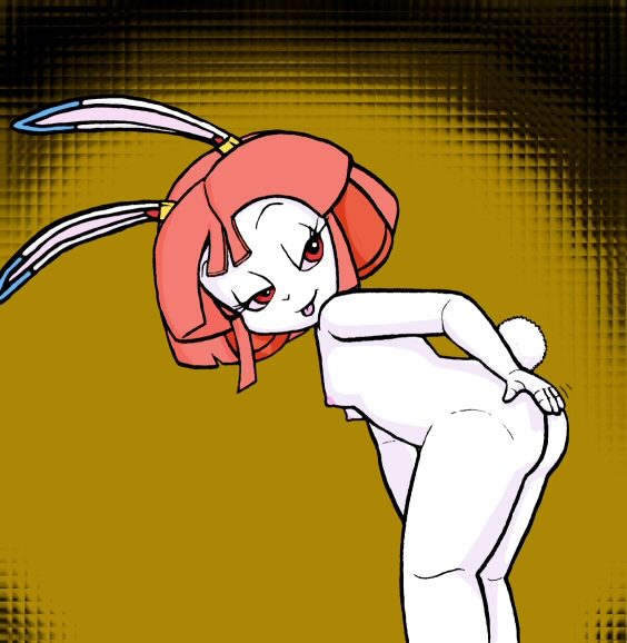 anthro breasts butt butt_slap female hair looking_back machine nipples nude red_eyes red_hair simple_background slap solo spanking tongue tongue_out young young_anthro shep samurai_pizza_cats princess_vi android lagomorph leporid mammal rabbit robot