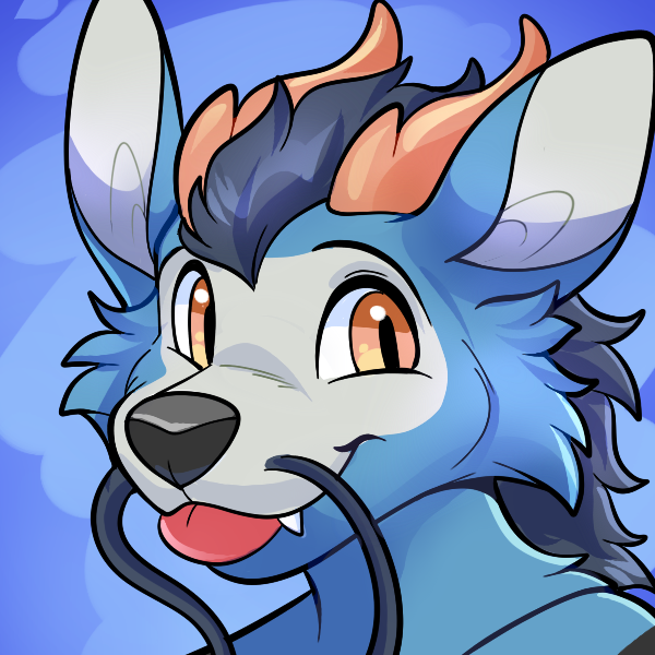 black_body black_fur black_snout blue_background blue_body blue_fur fangs fur orange_eyes simple_background snout solo teeth tongue tongue_out rindeadsong mythology dragon eastern_dragon mythological_creature mythological_scalie scalie 1:1 2024 bust_portrait portrait