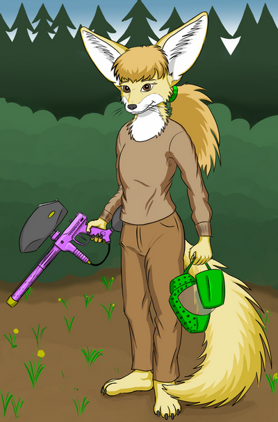 anthro armor barefoot blonde_hair brown_eyes claws feet female flat_chested forest fur hair headgear helmet holding_object inner_ear_fluff multicolored_body multicolored_fur outside paintball paintball_gun plant ponytail solo standing toe_claws tree tuft two_tone_body two_tone_fur whiskers yellow_body yellow_fur young young_female fizzymus the_whiteboard robin_(the_whiteboard) canid canine fennec_fox fox mammal true_fox