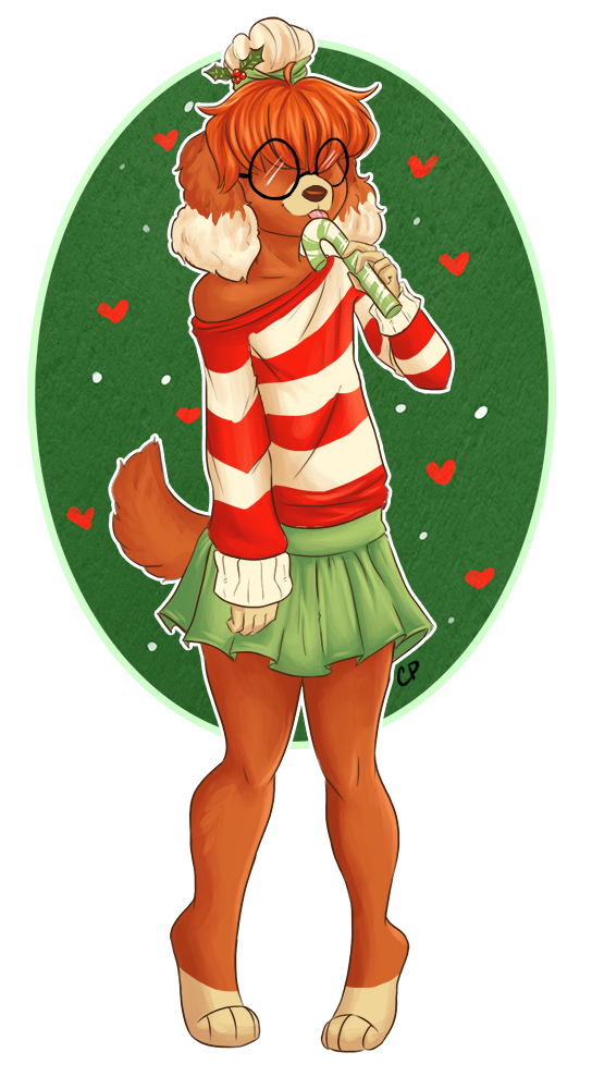 anthro bottomwear clothed clothing eyewear femboy fully_clothed glasses holidays holly_(plant) male miniskirt pigeon_toed plant skirt solo cactuspup maly_paczek canid canine canis domestic_dog mammal alpha_channel