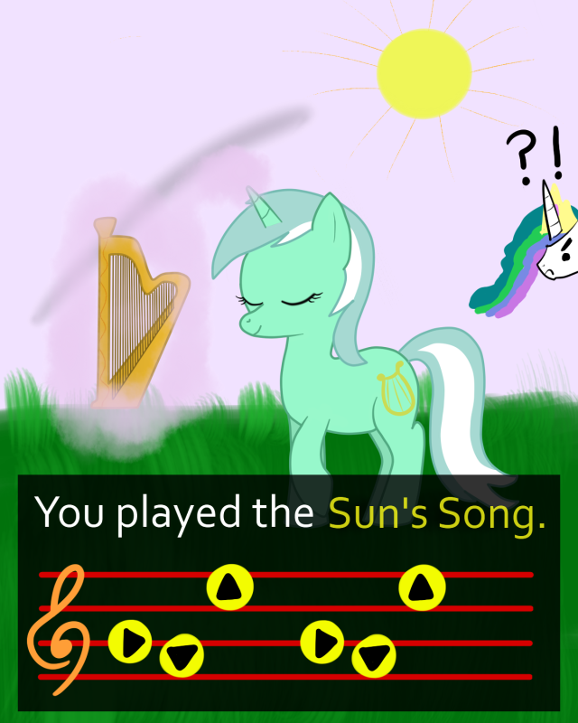 cutie_mark duo exclamation_point female feral harp horn musical_instrument plucked_string_instrument princess quadruped question_mark royalty string_instrument tail hip-indeed friendship_is_magic hasbro my_little_pony mythology nintendo the_legend_of_zelda lyra_heartstrings_(mlp) princess_celestia_(mlp) equid equine mammal mythological_creature mythological_equine unicorn 4:5 crossover